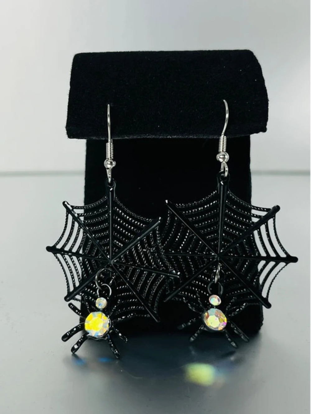 Black Spider Web Halloween Earrings with Crystal Accent Spiders - Lightweight &